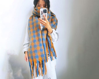 Blue orange plaid scarf, knitted soft scarf, warm scarf, birthday gift ，Christmas scarf
