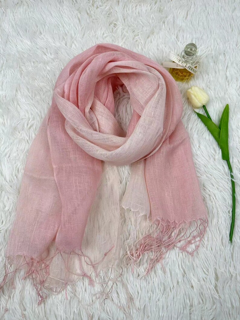 Sciarpa di lino ammorbidito in 10 colori, lino leggero naturale, sciarpa unisex, scialle, idea regalo, accessori, involucro di lino Pink White