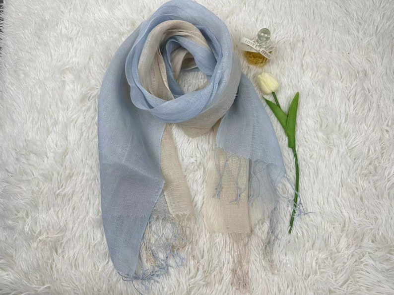 10 kleuren verzacht linnen sjaal, natuurlijk lichtgewicht linnen, unisex sjaal, omslagdoek, cadeau-idee, accessoires, linnen wrap Beige Blue