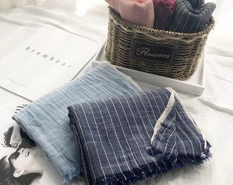 Softened Cotton Linen Stripe Scarf,  Lightweight Cotton Linen, Unisex Scarf,Big Shawl, Gift Idea, Accessories,Cotton Linen Wrap