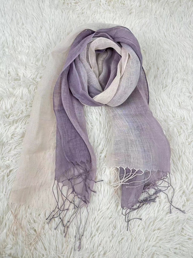 Bufanda de lino suavizada de 10 colores, lino ligero natural, bufanda unisex, chal, idea de regalo, accesorios, envoltura de lino Purple white