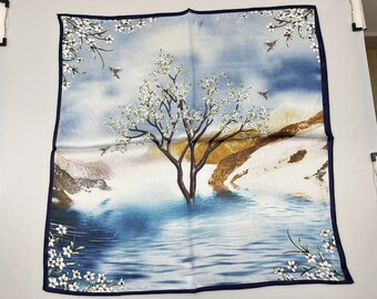 Blue Flowers 100% Mulberry Silk Scarf Square, Women's Scarf, Fashion Scarf, Bandana, Bag Accessory, Gift-Packaged with Free Shipping
