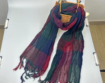 Natural red green check linen cotton scarf- soft scarf- all seasons scarf- trending item- long scarf- men/ women scarf- unisex- linen shawl