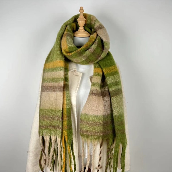 Mohair Green Plaid Scarf double-sided Plaid rainbow scarf warm scarf Christmas scarf