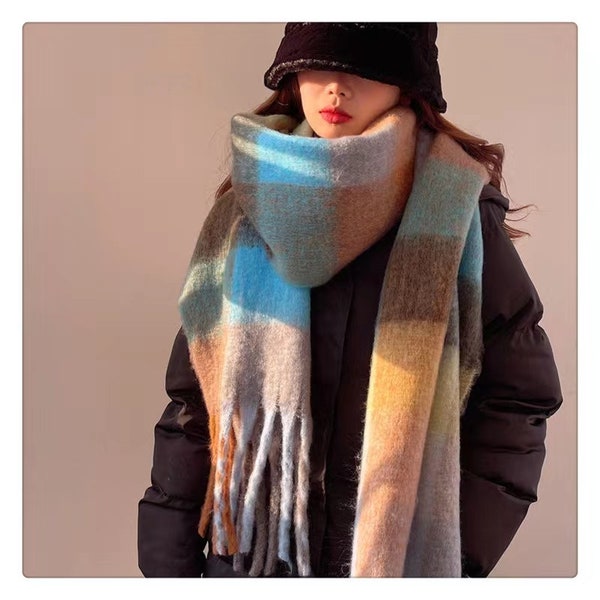 Bloc de couleur Chunky Squares Vérifier l’écharpe de couverture | Echarpe d’hiver pour femmes | Echarpe feutrée à la main personnalisée | Cadeau