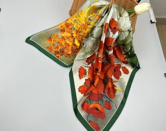 68cm 100% Mulberry Silk Square Scarf, Women's Scarf, Fashion Scarf, Bandana, Headband, Bag Accessory, Gift Idea Colorful flowers