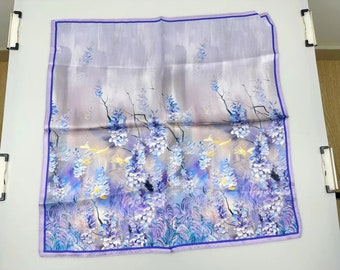 53cm 100% Mulberry Silk Scarf Square, Women's Scarf, Fashion Scarf, Bandana, Bag Accessory, Purple Flowers，Gift-Packaged with Free Shipping