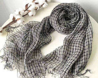 Softened Linen Black and white checkerboard Scarf, Natural Lightweight Linen, Unisex Scarf, Shawl, Gift Idea, Accessories, Linen Wrap