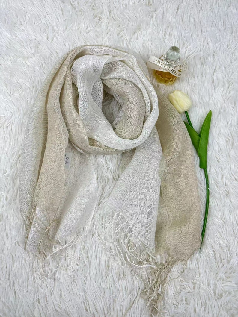 Sciarpa di lino ammorbidito in 10 colori, lino leggero naturale, sciarpa unisex, scialle, idea regalo, accessori, involucro di lino Khaki White