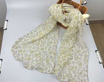 Softened Linen Scarf, Natural Lightweight Linen,  Yellow floral printed linen scarf, spring and summer neck protection, sun protection shawl