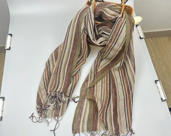 Linen brown striped scarf，linen gift for her,Cotton striped scarf