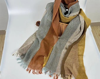 Linen striped scarf，linen gift for her,Cotton striped scarf