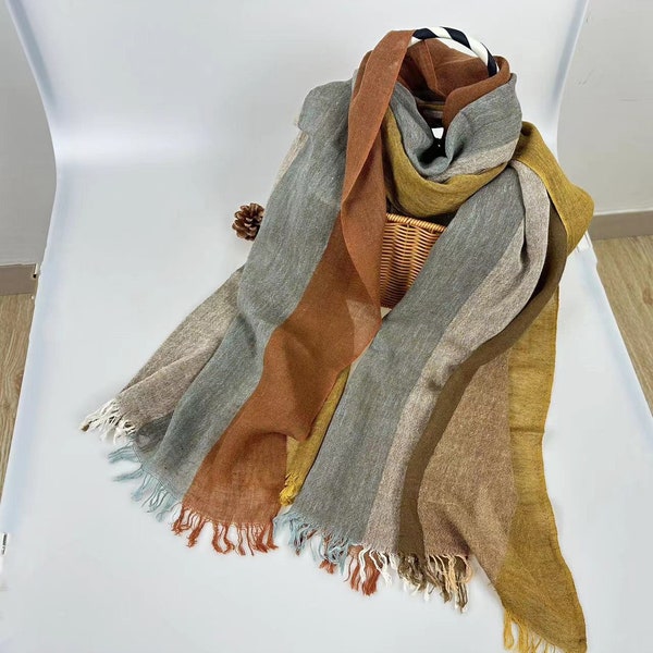 Linen striped scarf，linen gift for her,Cotton striped scarf