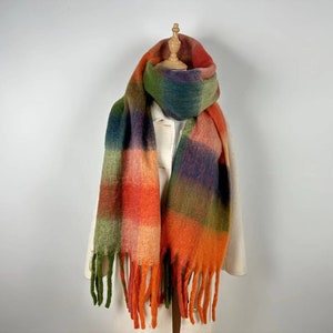Mohair Plaid Scarf double-sided Plaid rainbow scarf warm scarf Christmas scarf，gift