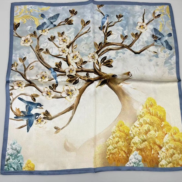 53cm 100% Mulberry Silk Scarf Square, Women's Scarf, Fashion Scarf, Bandana, Bag Accessory,Deer print，Gift-Packaged with Free Shipping