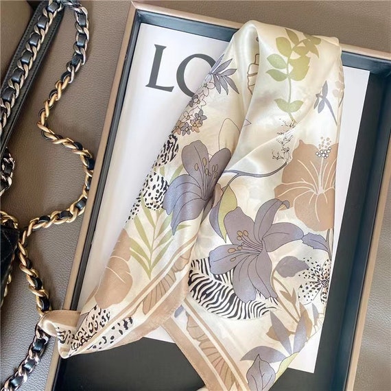 100% Silk Scarf Vintage Flower Print Kerchief Color Block Bandana Turban  53*53cm
