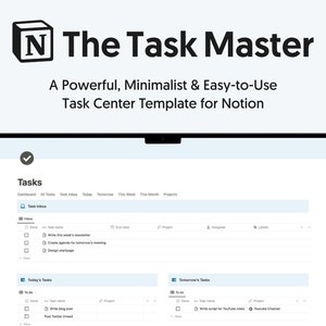 Könnte beinhalten: Ein Screenshot eines Computerbildschirms, der eine Aufgabenverwaltungs-App namens "The Task Master" für Notion zeigt. Die App hat ein sauberes, minimalistisches Design und verfügt über ein Dashboard, einen Aufgabenindex und Bereiche für die Aufgaben von heute und morgen.