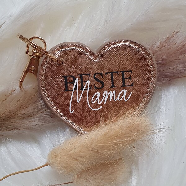 Schlüsselanhänger Beste Mama | Anhänger für Taschen | Personalisierter Herzanhänger in Lederoptik | Saffiano Leder | Geschenkidee Mama