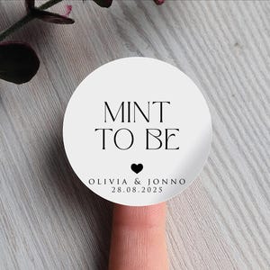 Set of 35 Mint To Be Stickers, 37mm Circular Personalised Wedding Favour Stickers, Custom Wedding Labels White, DIY Wedding Favour Sets