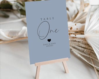 Personalised Dusty Blue Wedding Table Number Cards