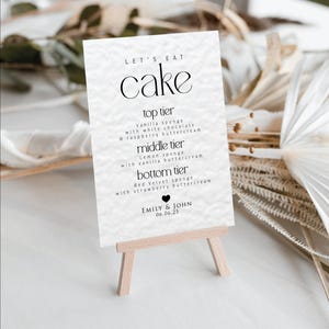 Benutzerdefinierte Let's Eat Kuchenschild Hochzeitstorte Menü Hochzeitstorte Geschmacksrichtungen Empfang Signage Moderne Hochzeit Stationär mit Herzen