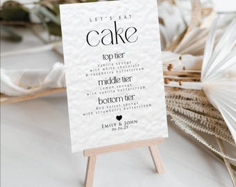 "Personalisiertes Hochzeitstorten-Menü-Zeichen: Modernes Empfangsdekor."