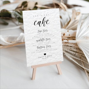 "Let's Eat Cake ""Let's Eat""-Schild Benutzerdefiniertes Hochzeitstortenmenü Hochzeitstorte Geschmacksrichtungen Empfang Signage Moderne Hochzeitsdekoration mit Herzen."