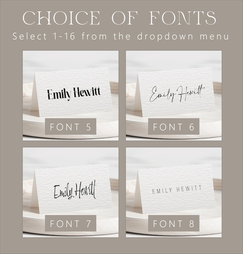 Pu&ograve; includere: Quattro biglietti bianchi che mostrano diversi stili di carattere per il nome "Emily Hewitt". Ogni biglietto &egrave; etichettato con un numero di carattere: "FONT 5", "FONT 6", "FONT 7" e "FONT 8". Il testo "SCELTA DEI CARATTERI" e "Seleziona 1-16 dal menu a tendina" &egrave; in alto.