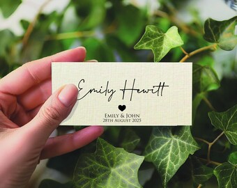 Custom Ivory Linen Wedding Place Cards with Hearts