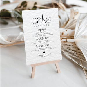 Benutzerdefinierte Kuchen Geschmacksrichtungen Hochzeitsschild, personalisierte Hochzeitstorte Menü Empfang Zeichen, Hochzeit stationär mit Herzen, moderne Hochzeitstorte Zeichen