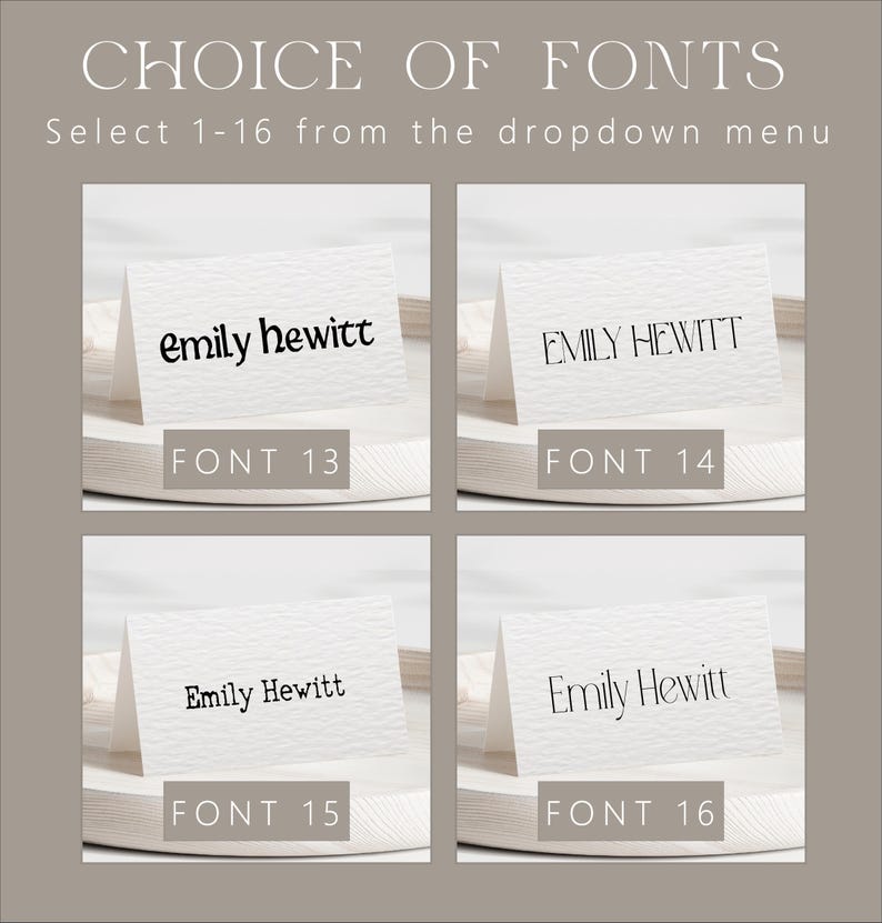 Pu&ograve; includere: Immagine che mostra quattro esempi di caratteri per biglietti da visita. Ogni biglietto mostra "Emily Hewitt" in un diverso stile di carattere, con il numero di carattere corrispondente in basso. Il testo "CHOICE OF FONTS" e "Select 1-16 from the dropdown menu" sono in alto.
