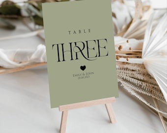 Custom Sage Green Wedding Table Number Cards, Elegant Heart Design