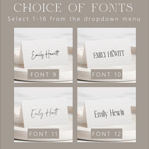 Pu&ograve; includere: Immagine che mostra le opzioni di carattere per la cancelleria personalizzata. Il testo "CHOICE OF FONTS" e "Select 1-16 from the dropdown menu" sono visibili. Vengono mostrati quattro esempi di biglietti da visita, ciascuno con un diverso stile di carattere, etichettati "FONT 9", "FONT 10", "FONT 11" e "FONT 12".