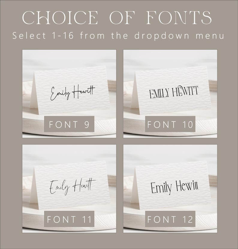 Pu&ograve; includere: Immagine che mostra le opzioni di carattere per la cancelleria personalizzata. Il testo "CHOICE OF FONTS" e "Select 1-16 from the dropdown menu" sono visibili. Vengono mostrati quattro esempi di biglietti da visita, ciascuno con un diverso stile di carattere, etichettati "FONT 9", "FONT 10", "FONT 11" e "FONT 12".
