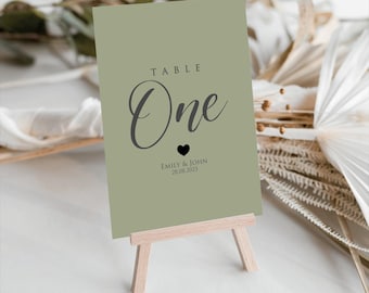 Personalized Sage Green Wedding Table Number Cards, Custom Elegant Event Sign