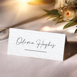 White Hammered Custom Folded Place Cards With Underline Wedding Day Place Names Minimalist Table Settings Personalised Tent Place Cards