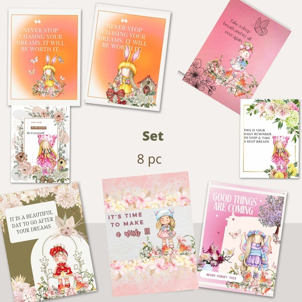 Set of 8 motivational cards with Tilda doll cards Greetings cards for postcrossing Greetings card Happy Birthday,Happy Easter,gift for friend