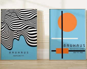 2er Set Bauhaus Blau Poster Mid-Century Modern Kunstdruck 60er Jahre Minimalist Ausstellung gerahmt Wohn Büro Dekor Einzigartige Geschenkidee