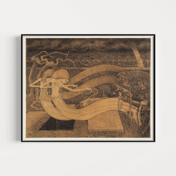 Jan Toorop O' Grave Halloween Theme Spooky Famous Painting Vintage Cafe Green Brown Framed Ready to Hang Home Office Decor Unique Gift Idea