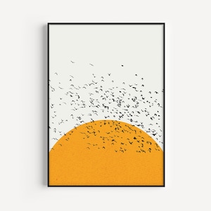 Framed Mid Century Abstract Art Print Retro Minimal Wall Japanese Minimalism Home Illustrated Sunset Birds Ready to hang Home Office Decor