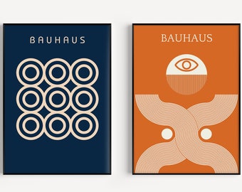 2er Set Bauhaus Orange Marine Blau Poster Mid-Century Modern Kunstdruck 60er Jahre Minimalist Ausstellung gerahmt fertig zum Aufhängen Home Office Dekor Geschenk