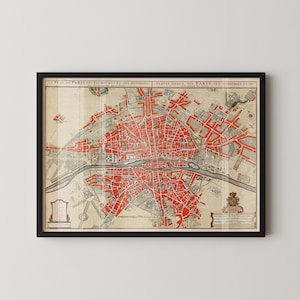 Vintage kaartprint van Parijs (beschikbaar met of zonder lijst)