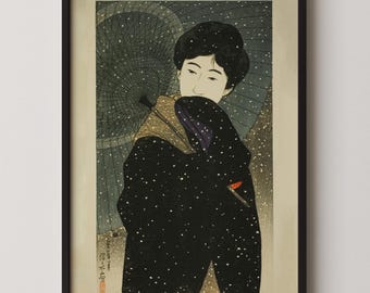 伊藤深水による日本のアートプリント「雪の夜」、木版画、ジクレー