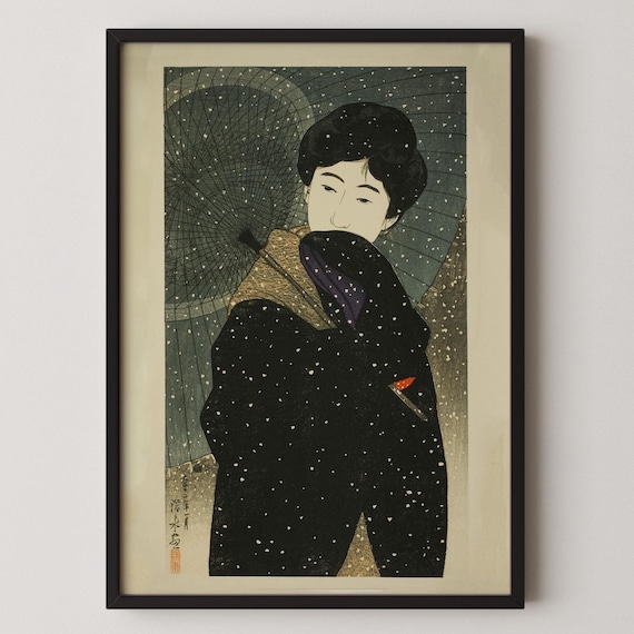 伊東深水「雪の夜」ジクレー版画：ヴィンテージの日本の木版画 - Etsy 日本