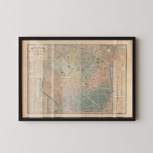 Vintage kaart van Milaan, Italië (beschikbaar met of zonder lijst)
