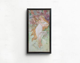 Lámina Art Nouveau «Primavera» de Alphonse Mucha – Obra de arte vertical vintage
