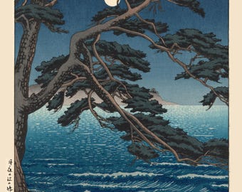 川瀬巴水作「二宮海岸の春月」日本美術版画、木版画、ジクレー、版画