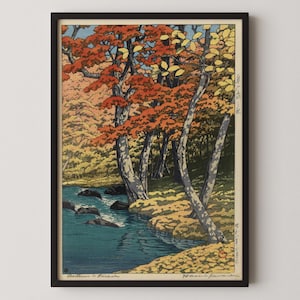 Kawase Hasui Autumn Forest Print: Japanese Woodcut Art, Tranquil Stream