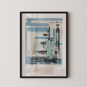 May include: A framed collage of vintage advertisements and product packaging. The collage features a blue and white color scheme with text in German and English. The text includes "Pelikanol ergabes (coll)" and "elika".