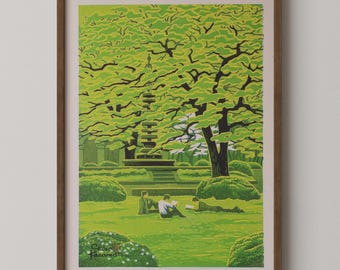 Stampa giclée di Shiro Kasamatsu "Campus primaverile": una tranquilla opera d'arte giapponese su legno.